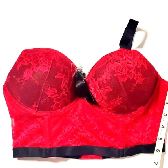 Lasenza Corset Bustier Red Fur Pom pom Sz Medium Black broad adjustable … - Picture 5 of 7